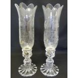 Pair of Baccarat etched glass lanterns, on spirally fluted circular bases