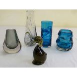 Four coloured glass vases to include Whitefriars and a glass paperweight in the form of a duck