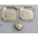 Two silver bonbon dishes and a sweetheart pin cushion with silver fittings