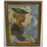 Hedwig Von Schlieben oil onpanel of a lady in Swiss costume - 59 x 49cm