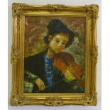 Thompson oil on canvas of a young boy playing a violin, signed bottom left - 49.5 x 39cm
