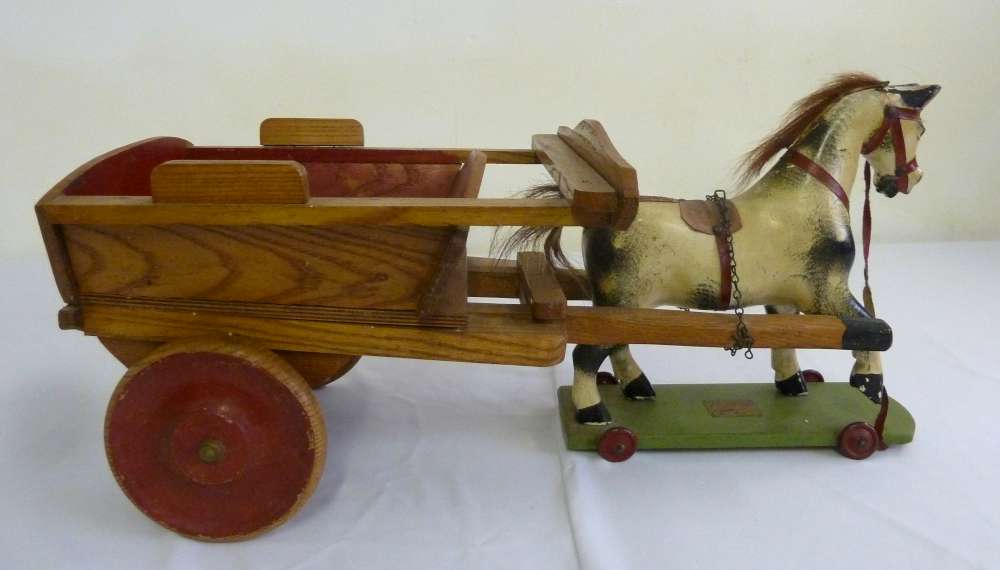 Early 20th century childs wooden horse and cart, label to base - A/F