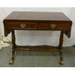 Mahogany sofa table, two drawers, drop flaps on turned outswept supports with original brass