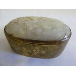 Chinese jade and brass hinged box, the sides engraved with figures and prunus blossom, the hinged