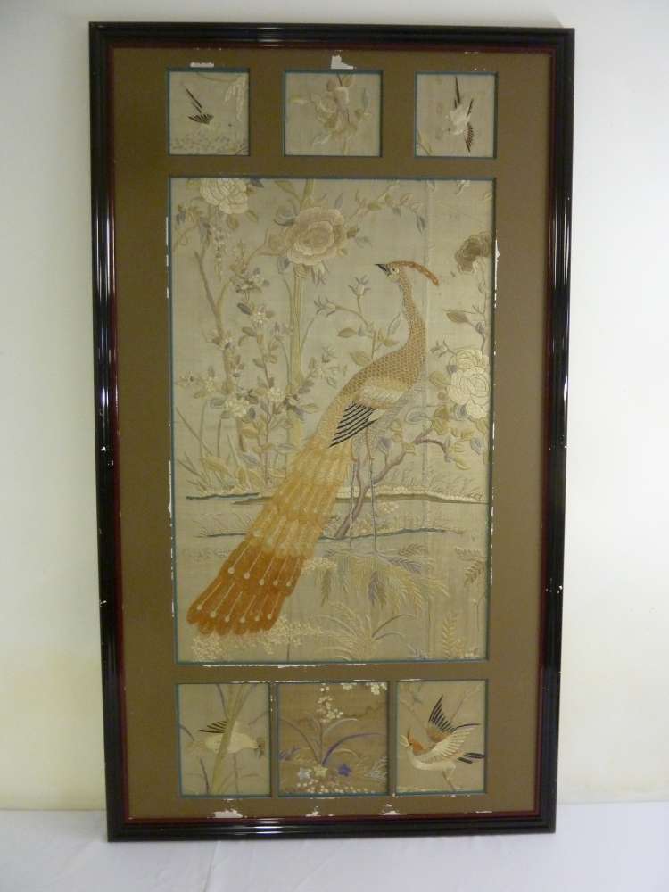 Chinese early 20th century framed composition of seven silk embroidered panels of birds and