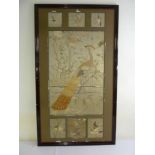 Chinese early 20th century framed composition of seven silk embroidered panels of birds and