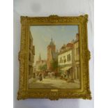 W. Dommersen oil on canvas of a Continental street scene, signed bottom right - 49 x 39cm