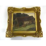 E Lugo oil on board of a rural cottage signed bottom left - 33.5 x 39.5cm