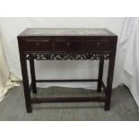 Oriental rectangular hardwood side table with marble top and three drawers above a scroll pierced