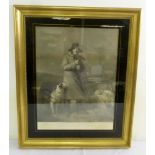 Antique framed and glazed monochromatic engraving of The Old Shepherd - 60 x 46.5cm