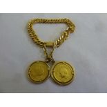 18ct gold bracelet with two Pahlavi Persian gold coins set in pendants, approx total weight 52.0g