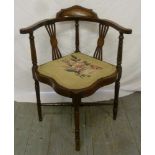 Edwardian corner chair with tapestry seat and inlaid satinwood detail