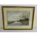 Richard Bolton watercolour, Last Of The Winter Snow Fenstanton Cambs, signed,  label to verso - 35.5