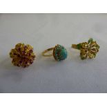 Three dress rings set with various stones (tested 18ct) approx total weight 16.9g