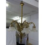 Victorian brass six branch chandelier with glass shades