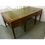 Mahogany leather top partners desk with five drawers and brass handles