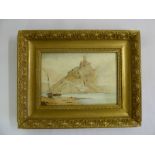 A late 19th century framed and glazed watercolour, Castle on Island, with boats in the foreground ,