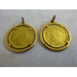Two half Pahlavi gold coins in pendant settings, approx 12.5g
