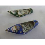 Two Persian enamel and metal dishes in the form of slippers, A/F