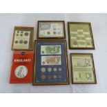 A quantity of framed coins and bank notes (5) GB pre decimal currency coinage/banknotes. £1, 10
