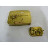 Japanese bi-metal box with image of Mt Fuji with pull-off cover and Oriental paperweight with