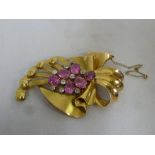 Gold diamond and pink stone brooch, tested 15ct, approx total weight 32.8g