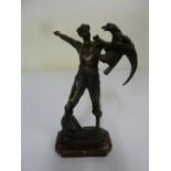 Bronze figurine of a man fighting an eagle, on raised marble plinth, signed Molne