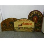 Three wooden decorative pub signs - Caffreys, Guinness and O'Neil's