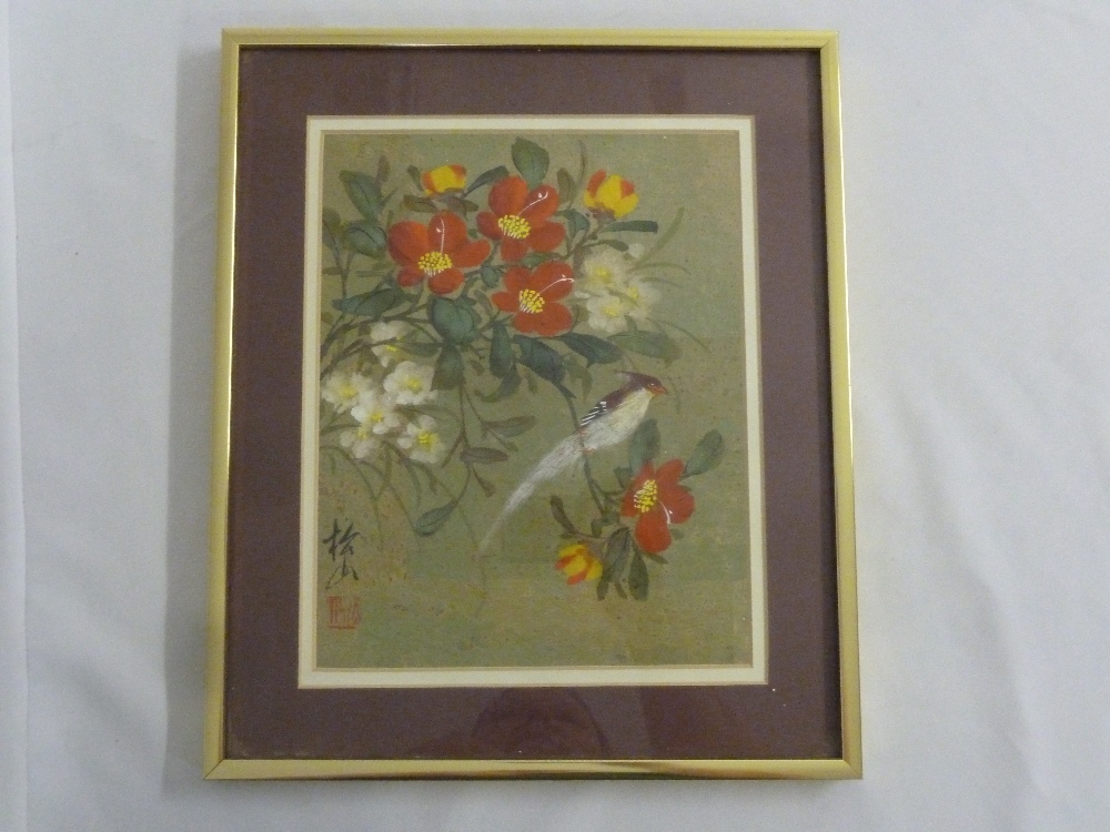 Chinese framed watercolour of a bird and flowers, 24 x 19cm