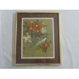 Chinese framed watercolour of a bird and flowers, 24 x 19cm