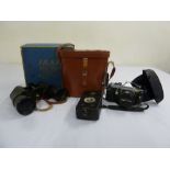 Hika binoculars 10 x 50 in original leather case and Pentax ME to include flash