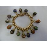 Edwardian 14ct rose gold curb link bracelet, set with 14 cloisonné pendants