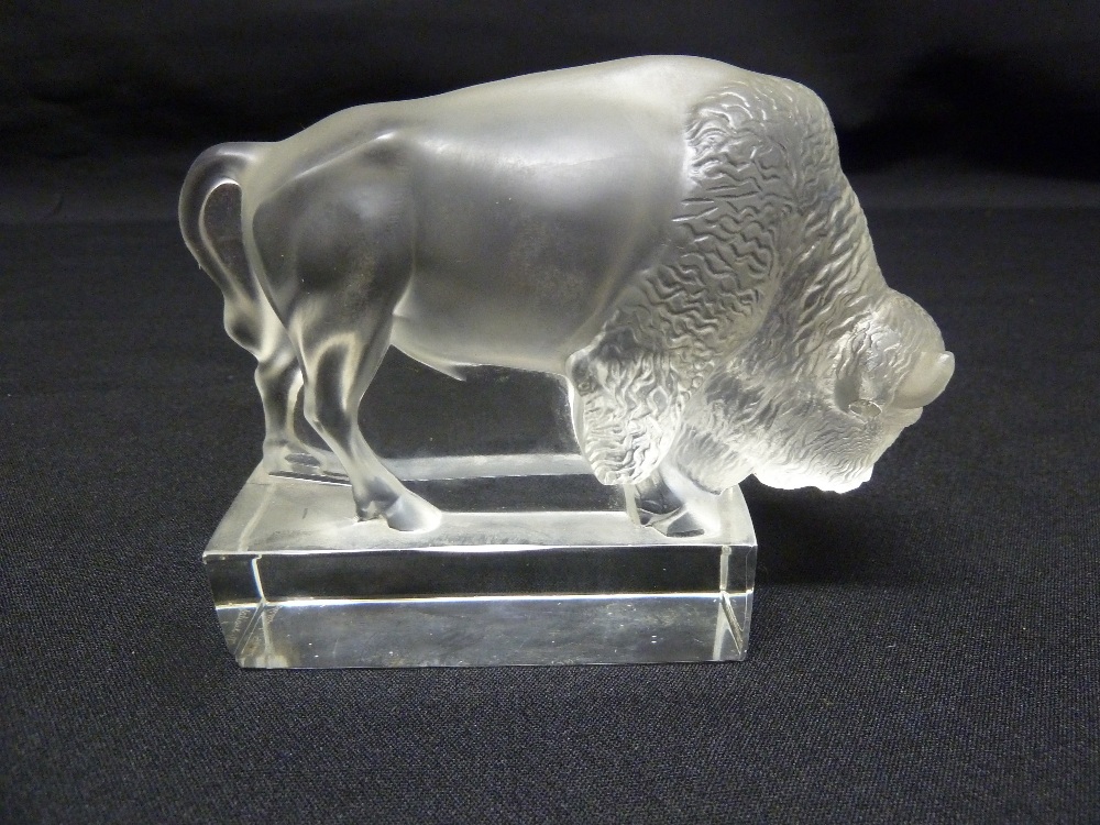 Lalique model of a bison on rectangular base, A/F, marks to plinth Lalique France