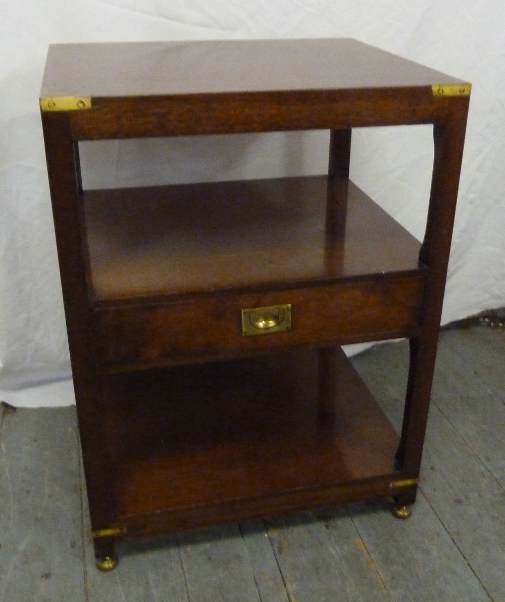 Mahogany campaign style side table with brass mounts and a single drawer