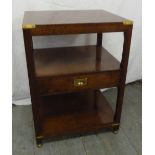 Mahogany campaign style side table with brass mounts and a single drawer