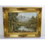 A framed oil on canvas of forest, river and mountain scene, signed bottom left, 48.5 x 68.5cm