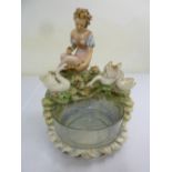 Capodimonte lamp stand in the form of a lady and swan by a pond