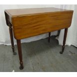 Mahogany drop flap table on four turned legs with original castors and one drawer