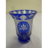 Continental blue glass vase etched with flowers and leaves