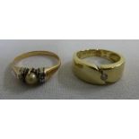 Two 9ct gold rings, one set with a diamond, the other a seed pearl, approx total 4.7g