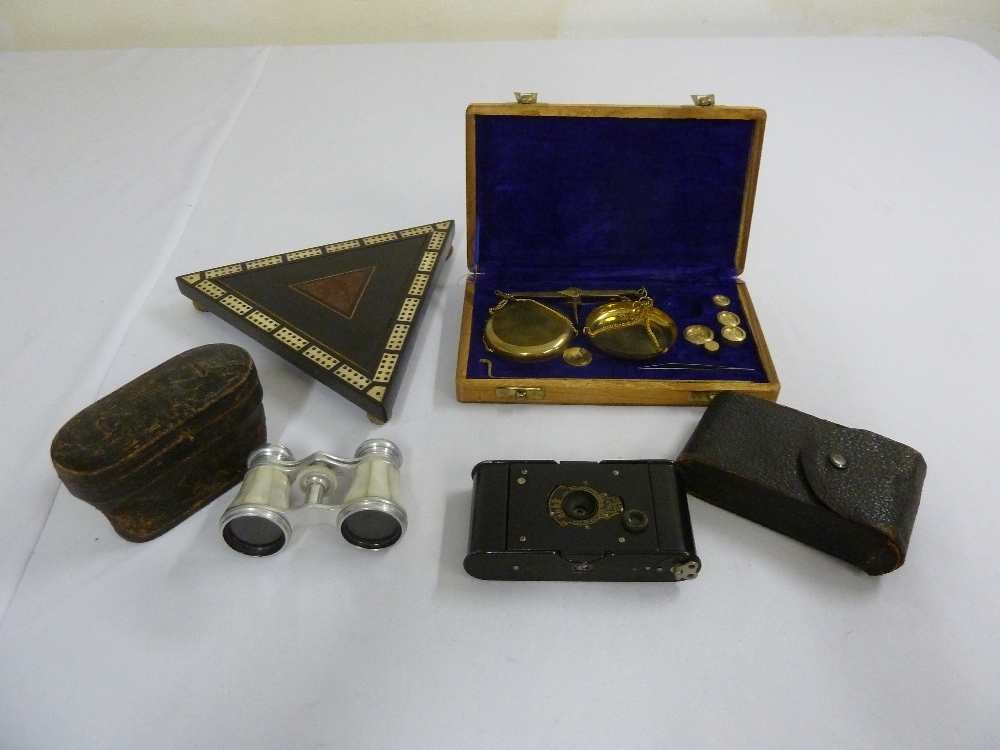 A quantity of collectables to include boxed scales, a Kodak  camera, a pair of Mother of Pearl opera
