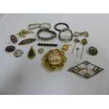 A quantity of vintage costume jewellery to include a cameo, tie pins and brooches (20)