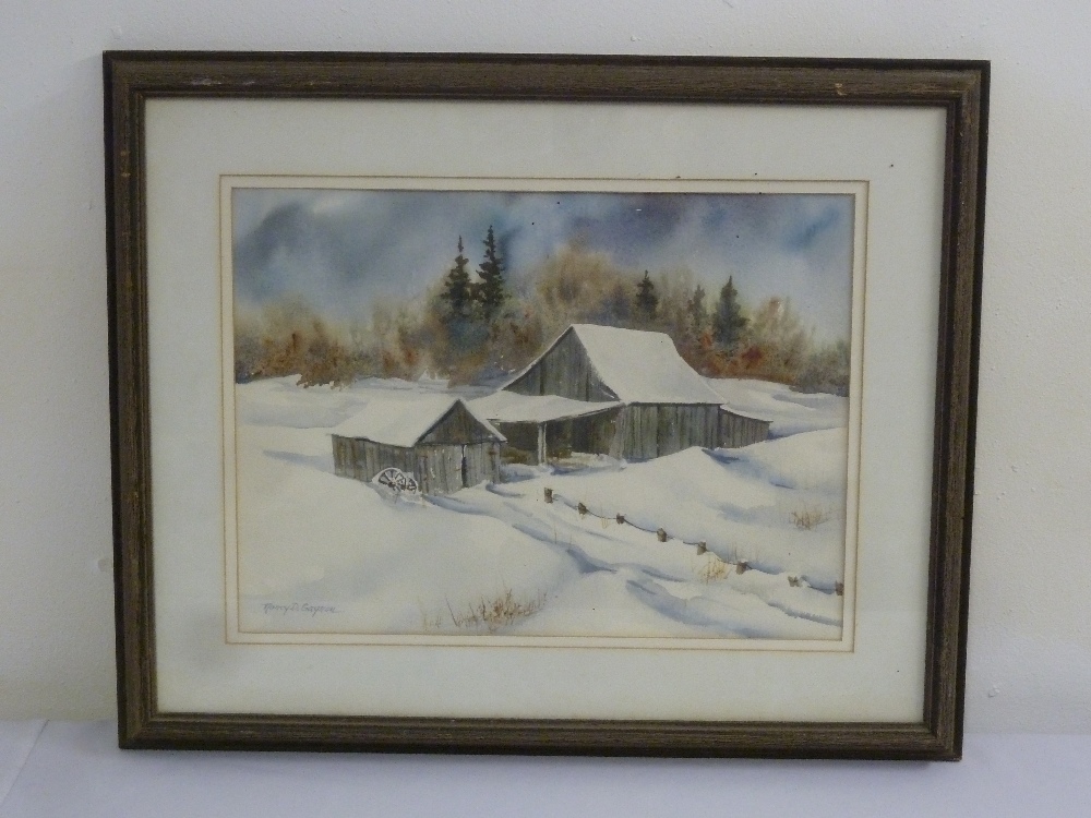 Nancy D Gagnon watercolour of a log cabin, 28 x 38.5cm