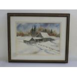 Nancy D Gagnon watercolour of a log cabin, 28 x 38.5cm