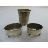 Russian silver beaker, A/F and two silver salts (blue glass liners not included)