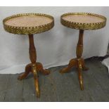 Pair of French style side tables with marble tops and gilt metal gallery on three outswept legs