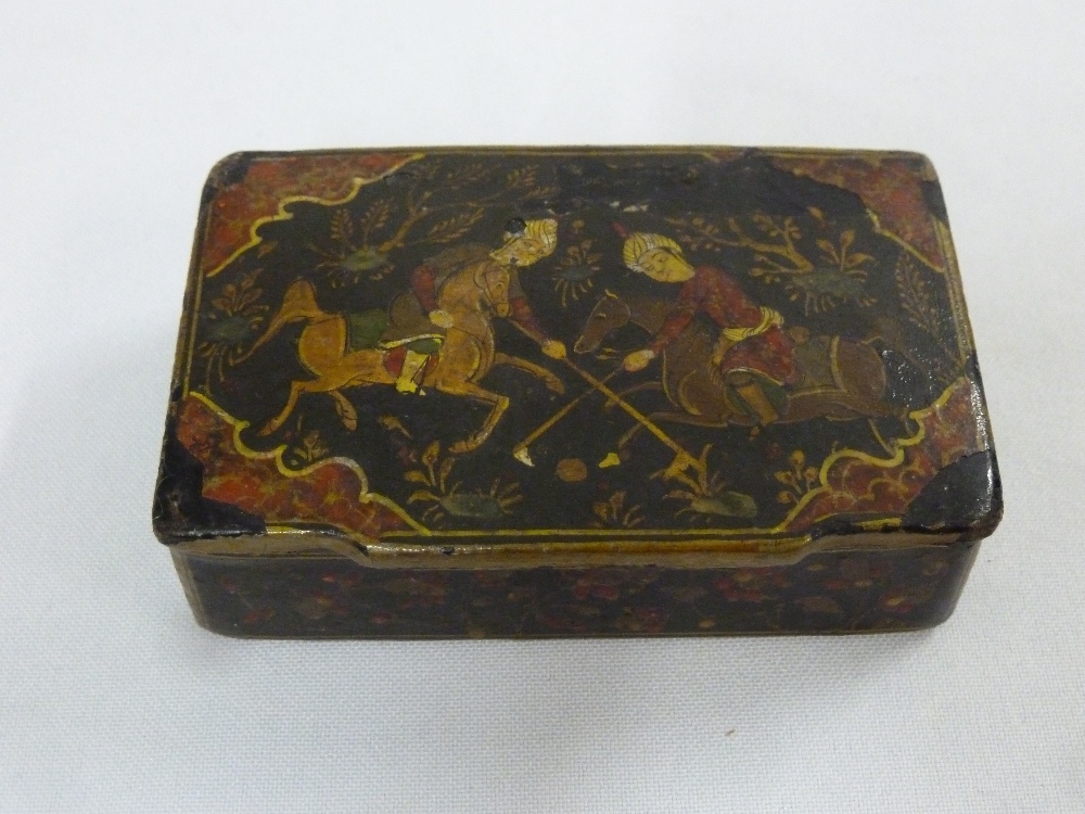 Oriental lacquered box with hinged cover, depicting horsemen playing polo