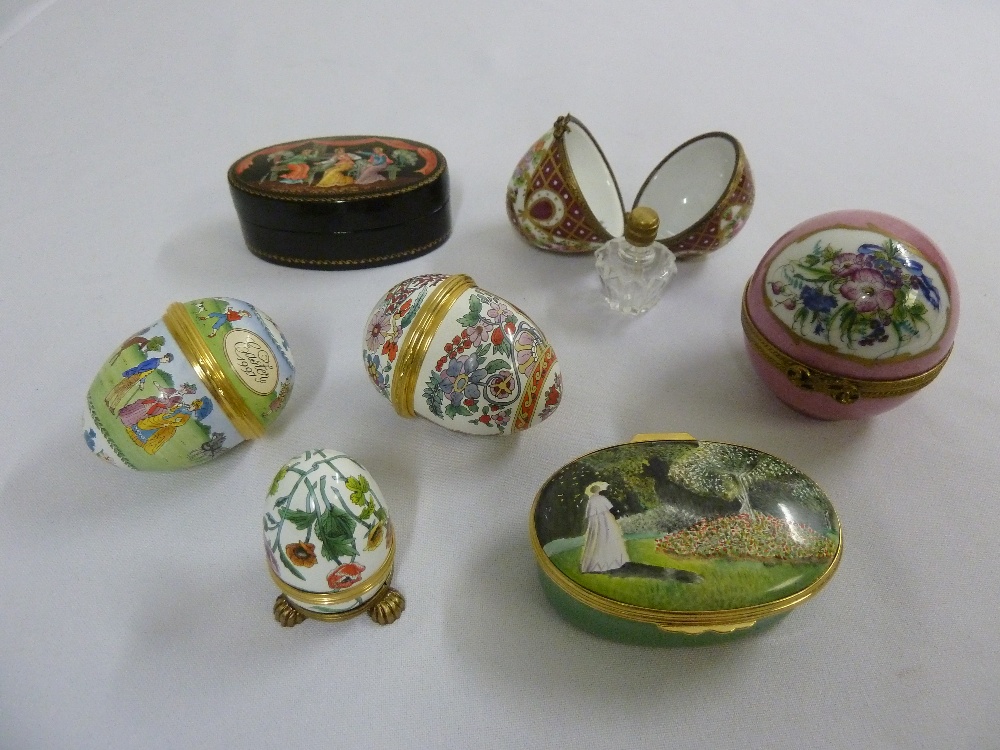 Six porcelain and gilt metal trinket decorative boxes and an oval papier mache box