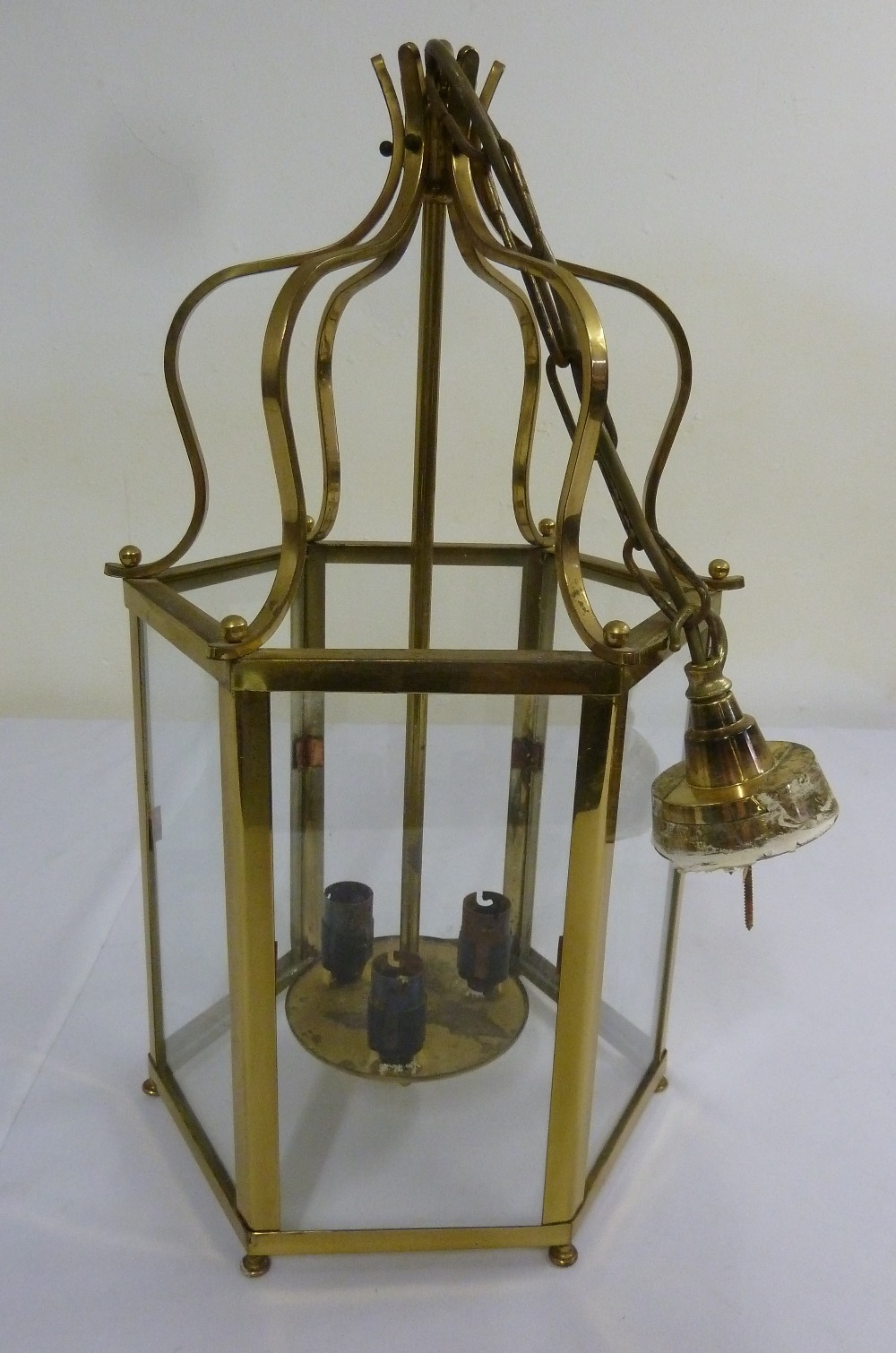 Brass mounted hexagonal hall lantern with six glazed panels