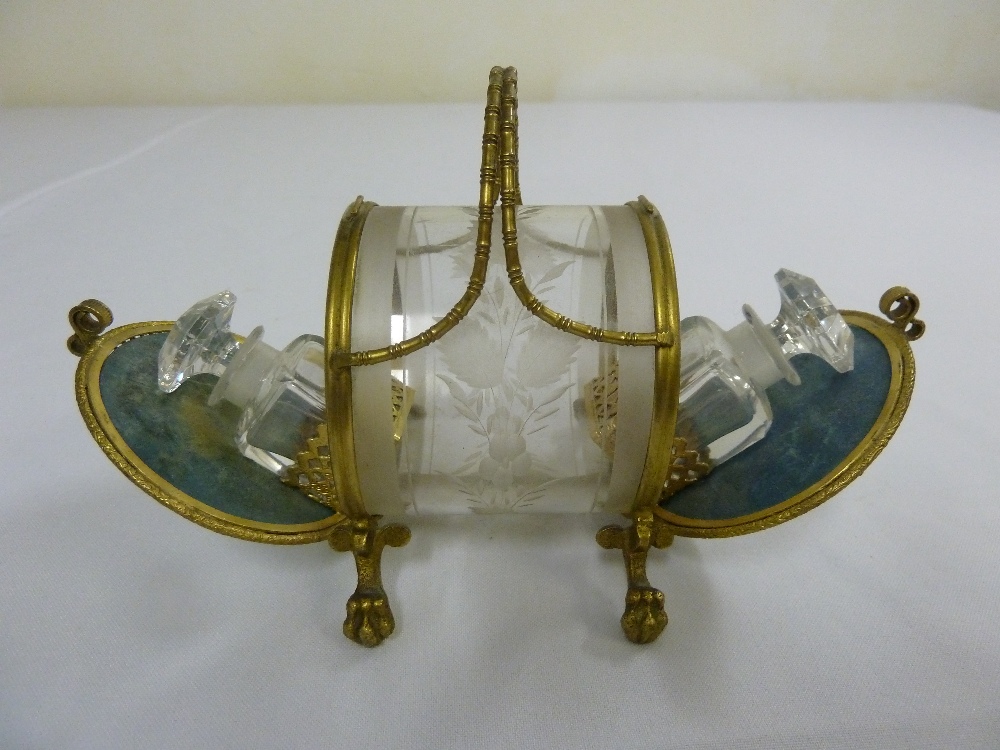 Victorian boudoir gilt metal and glass two bottle atomiser holder with two scent bottles